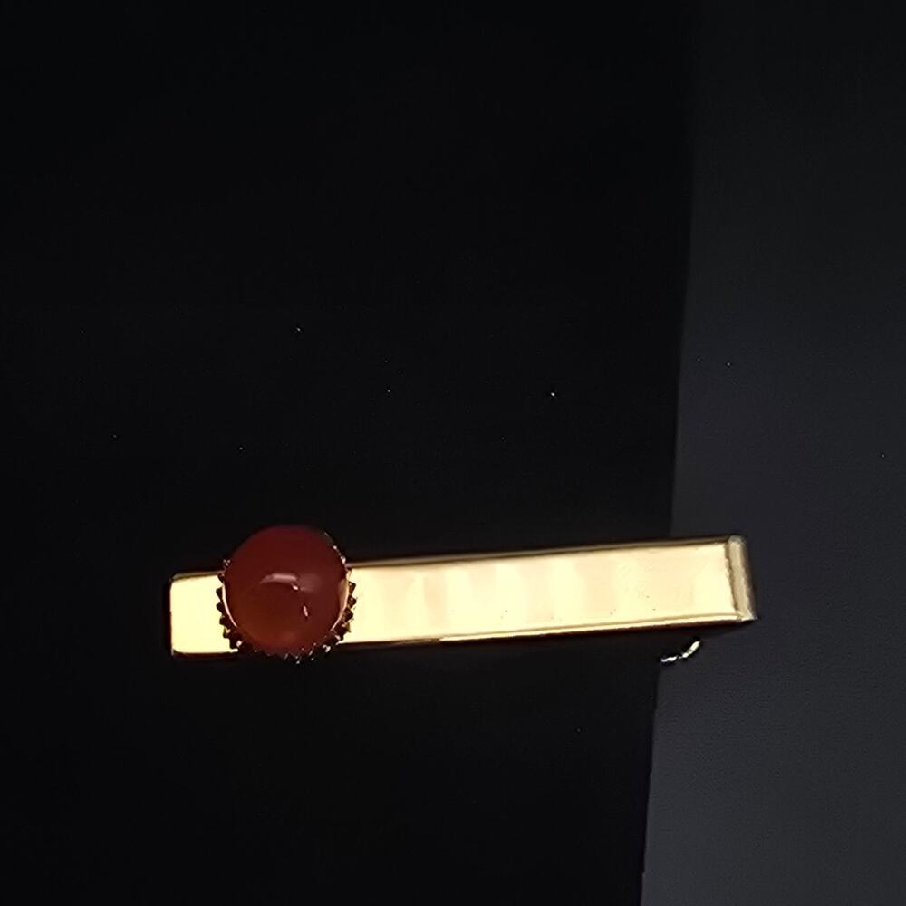 Gold Tone Faux Red Carnelian Glass Tie Clip Tie Bar Tie Vintage